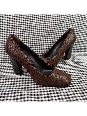 Prada Brown Embossed Leather Square Toe Pumps Block Heel Italy 38.5 Women’s US 8